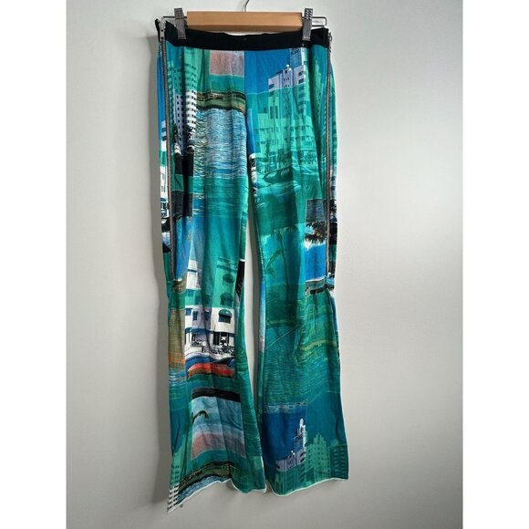 Custo Barcelona Wide Leg Flare Pants Sz 28 Teal Blue Photo Print Zip Side - Picture 1 of 11
